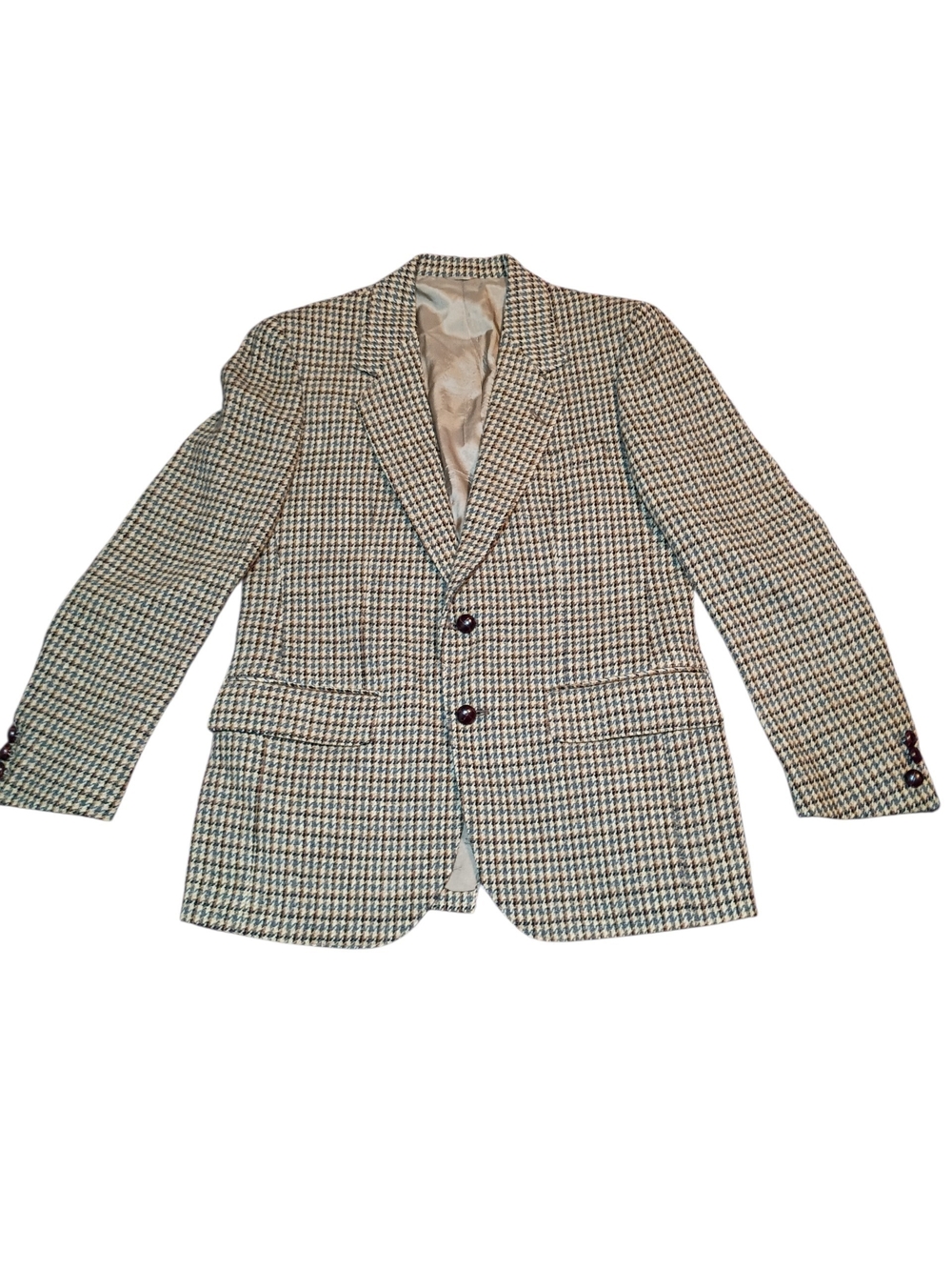 VTG Women's 100% Virgin Wool Houndstooth Blazer - Baige, Brown, Blue &Black 36